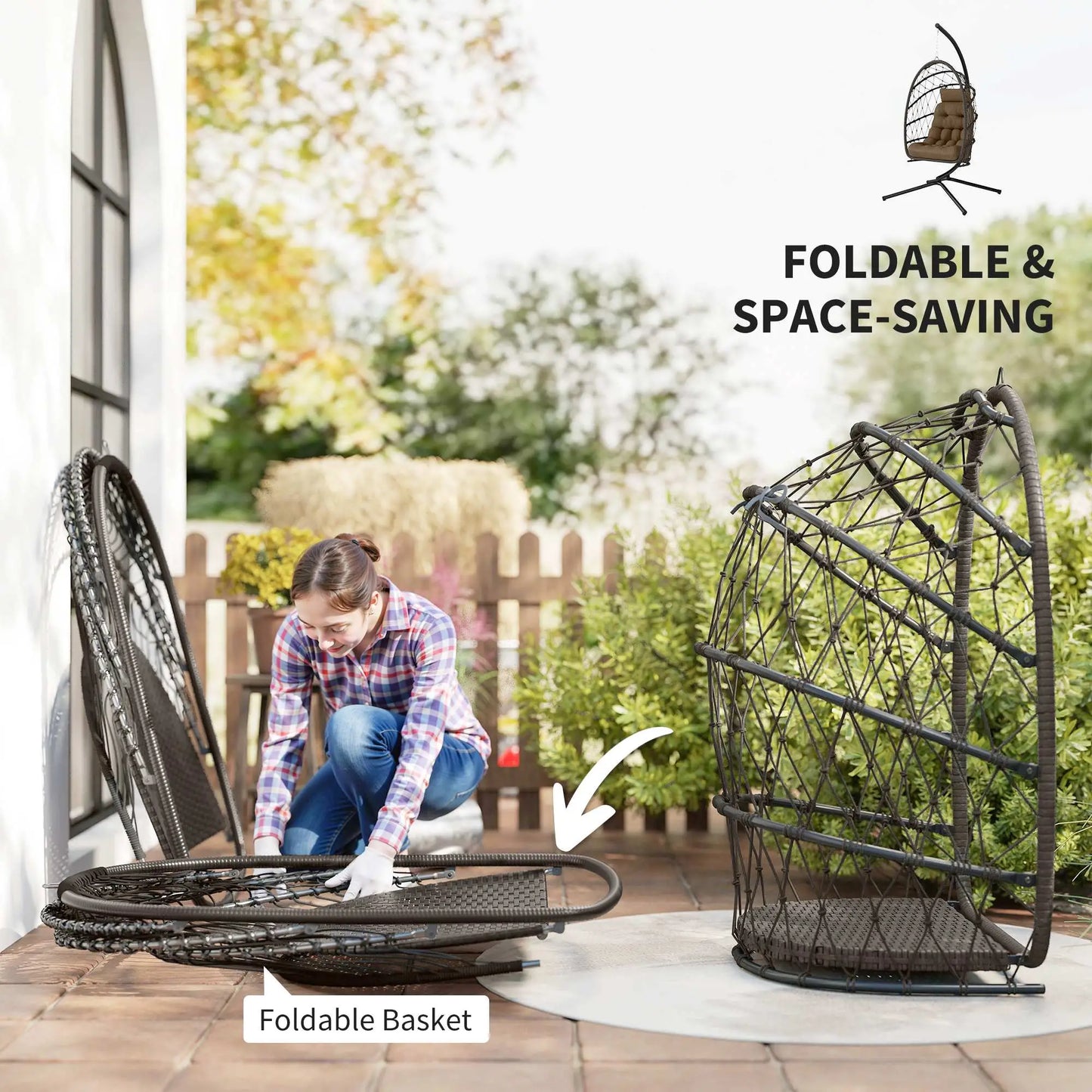 Hanging Egg Chair With Stand, Foldable Wicker Rattan Swing Chair, Brown Patio Swings with Stand at Gallery Canada