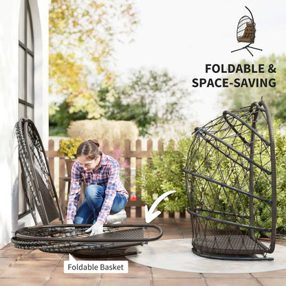 Hanging Egg Chair With Stand, Foldable Wicker Rattan Swing Chair, Brown Patio Swings with Stand at Gallery Canada