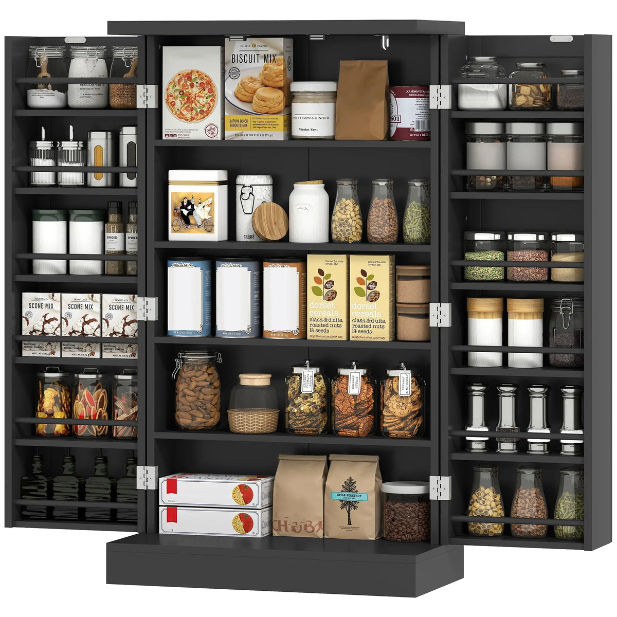 Kitchen Pantry Storage Cabinet, 5-Tier, 12 Spice Racks, Black, Black