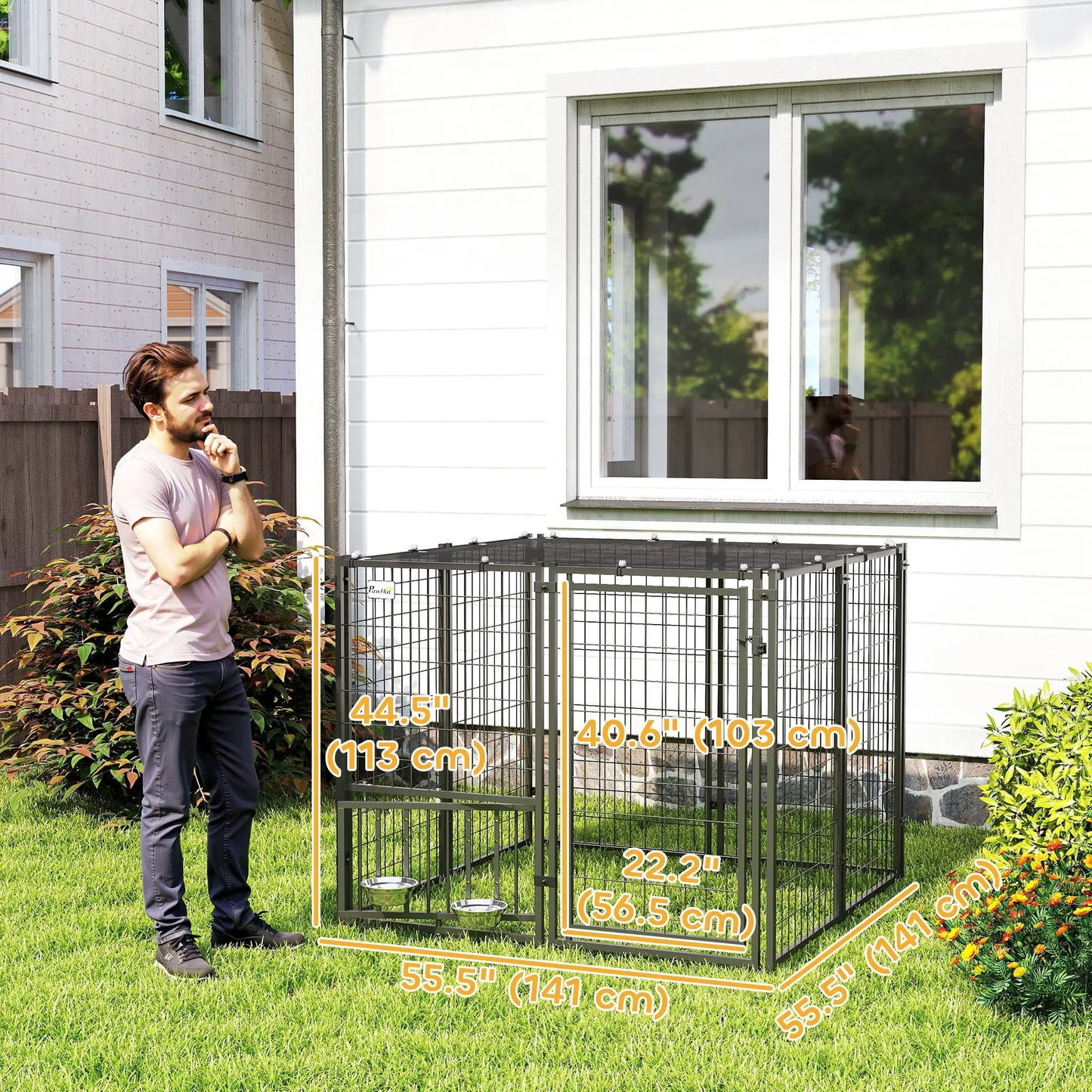 Outdoor Dog Run, Adjustable Rotatable Bowls, Sun-Shade Cover, 4.6' x 4.6' x 3.7' Houses, Kennels & Pens at Gallery Canada