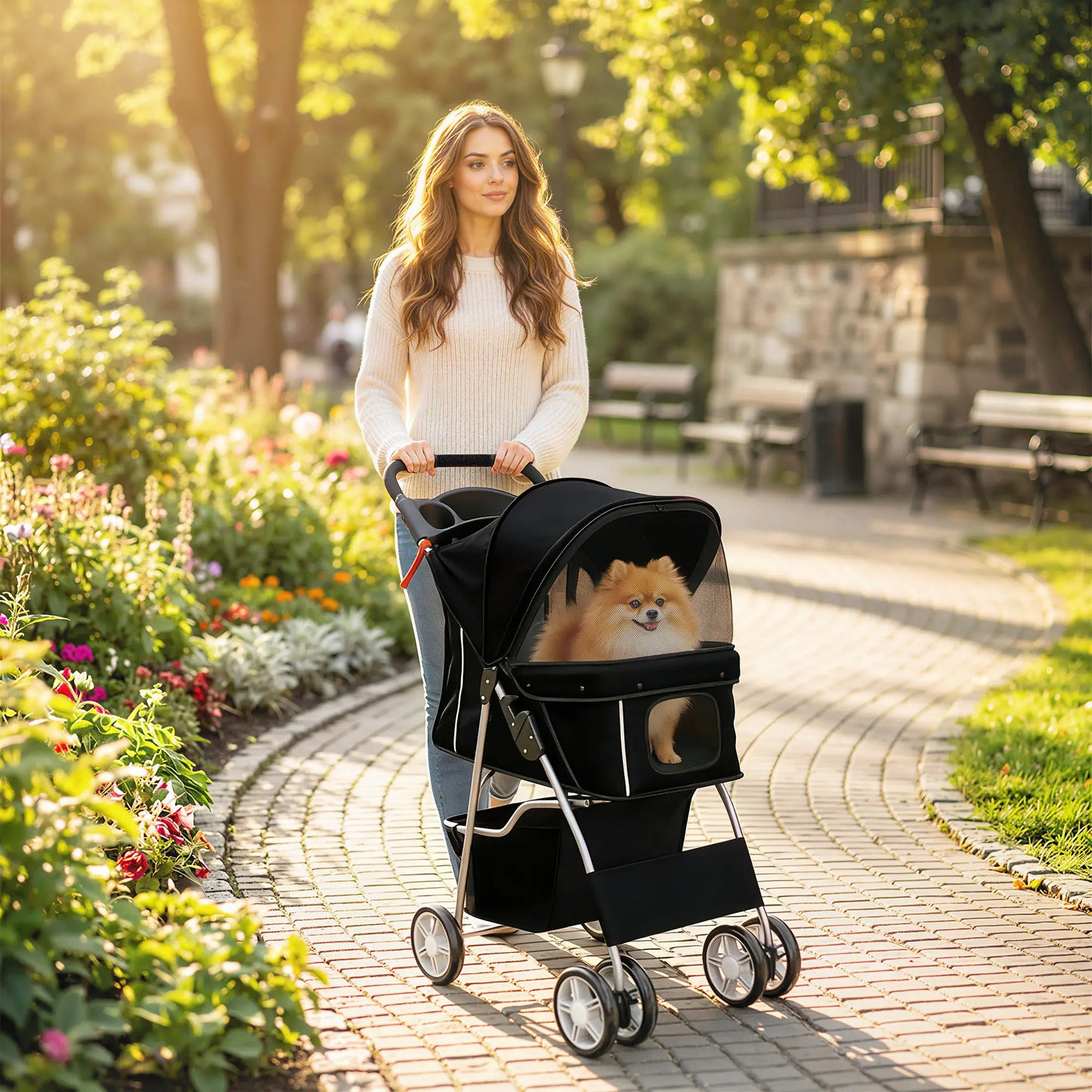 Foldable Pet Stroller With 360° Swivel Wheels, Reflective Strips, Black Dog Bike Trailers & Strollers at Gallery Canada