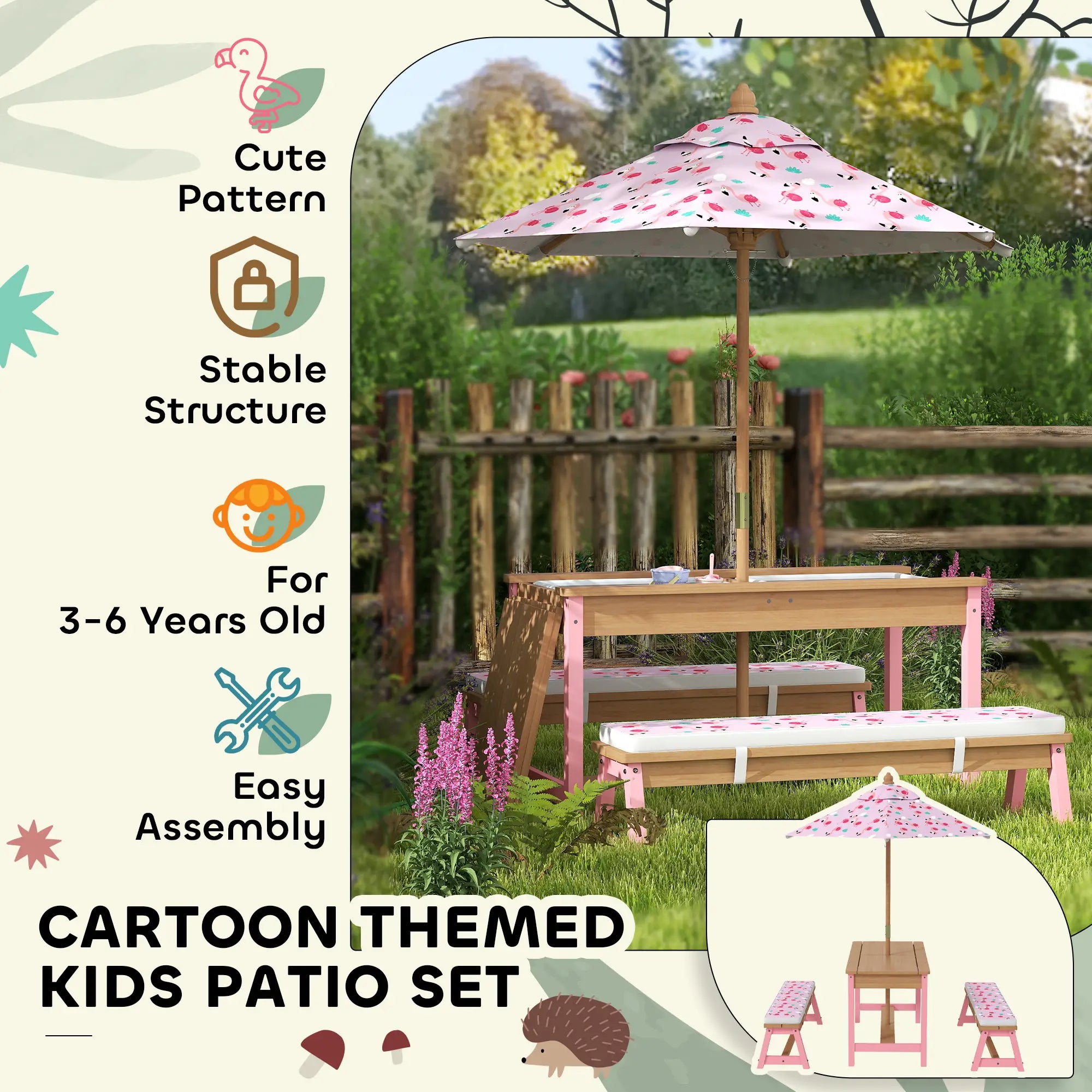 Kids Picnic Table With Bench, Removable Umbrella, Flamingo Theme, Pink Kids Outdoor Furniture at Gallery Canada