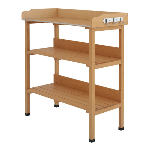 Wooden Potting Bench, Outdoor Garden Work Table, Tool Storage Shelf w/ Hooks, Natural