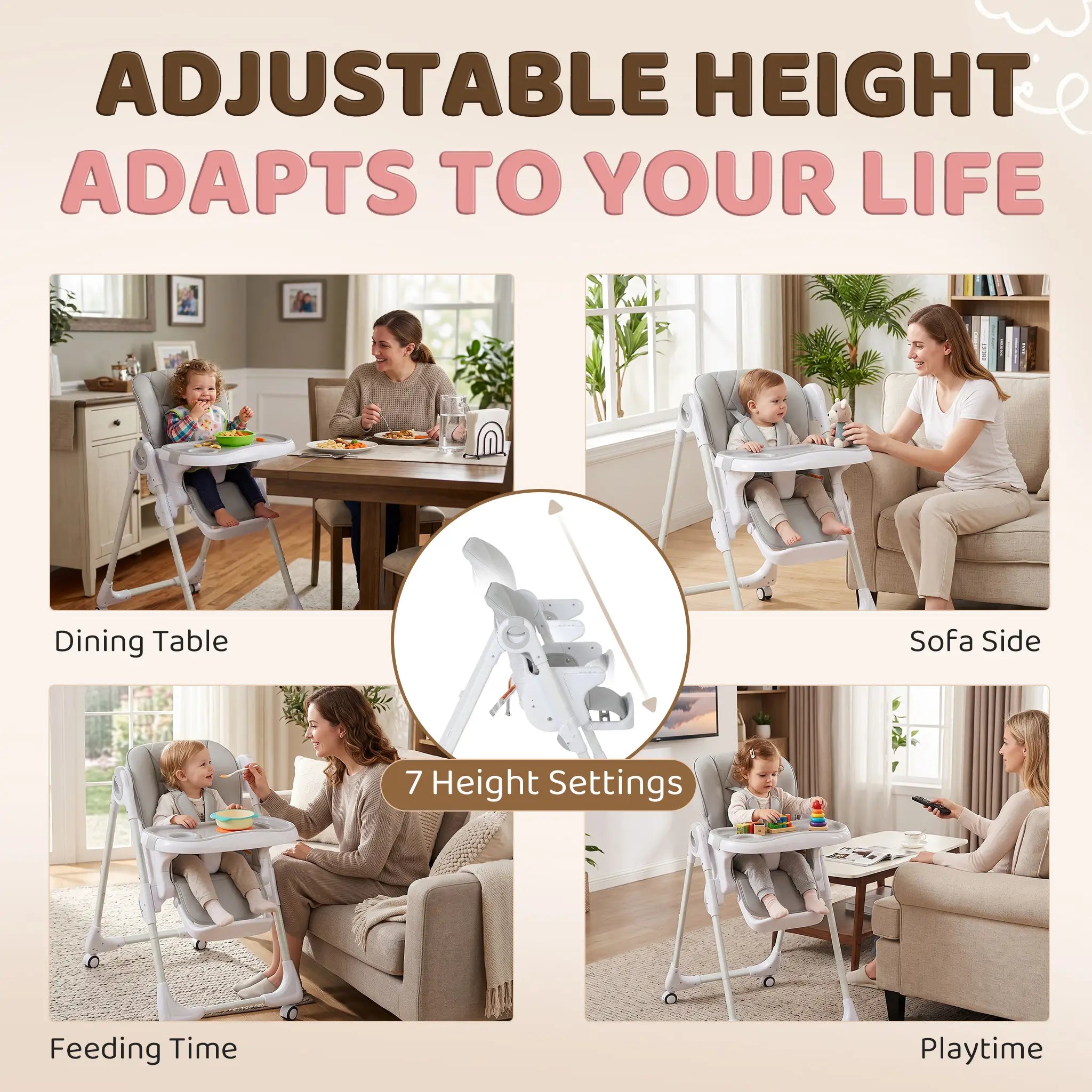 High Chair with Wheels, Double Tray, Foldable Baby Seat with Adjustable Seat Height, Backrest, Footrest and Tray, Grey Kids Chairs & Seating at Gallery Canada