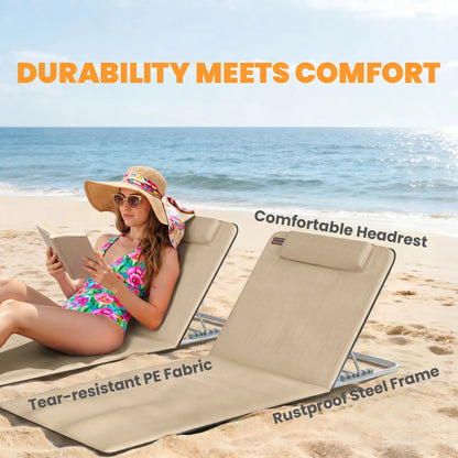 Beach Lounge Chair Set, 2 Pieces, Folding Chaise, Beige
