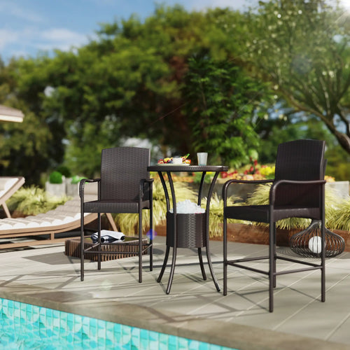 3-Piece Patio Bar Set, Rattan Bistro Table and Chairs, Dark Brown