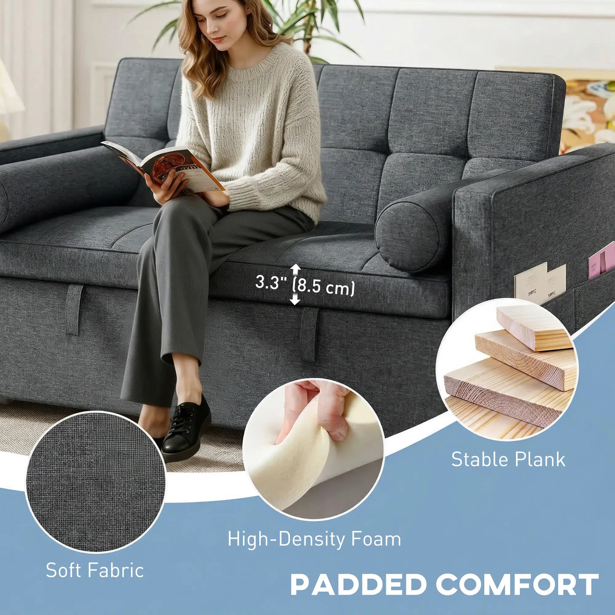 Pull Out Sofa Bed With USB Ports, Linen Loveseat Futon, Dark Grey 2-Seater Sofas at Gallery Canada