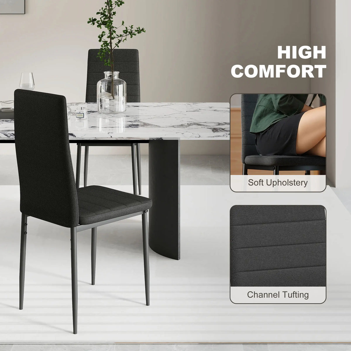 Modern High Back Dining Chairs, PU Leather Upholstered, Set of 6, Black Dining Chairs at Gallery Canada