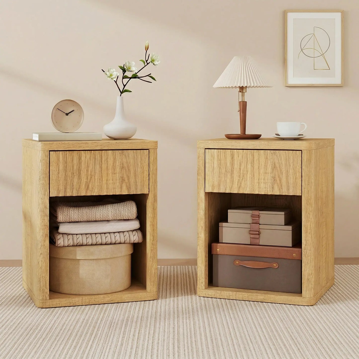 Nightstand With Drawer And Shelf, Modern Bedside Table Set Of 2, Oak Bedside Tables at Gallery Canada