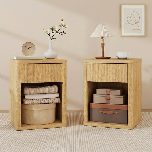 Nightstand With Drawer And Shelf, Modern Bedside Table Set Of 2, Oak Bedside Tables Oak at Gallery Canada