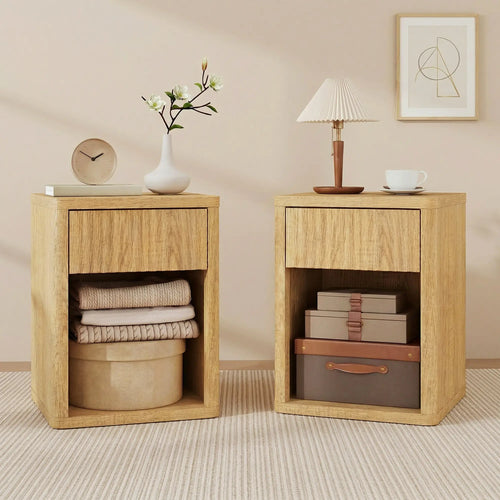 Nightstand With Drawer And Shelf, Modern Bedside Table Set Of 2, Oak