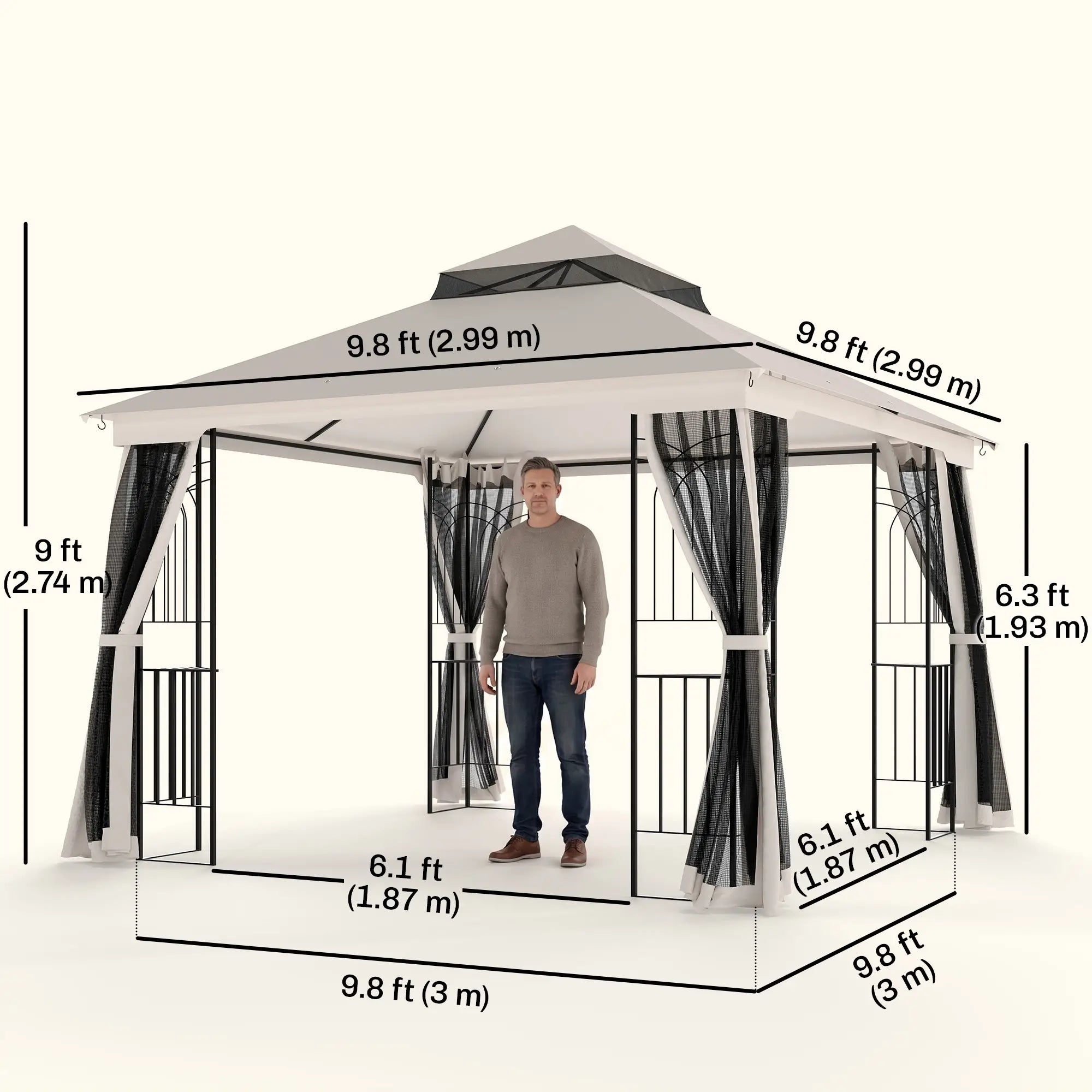 10'x10' Soft-Top Gazebo, Double Tier Roof, Mesh Curtains, Beige Gazebos at Gallery Canada
