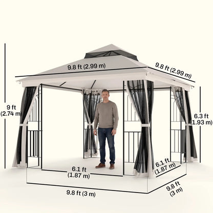 10'x10' Soft-Top Gazebo, Double Tier Roof, Mesh Curtains, Beige Gazebos at Gallery Canada