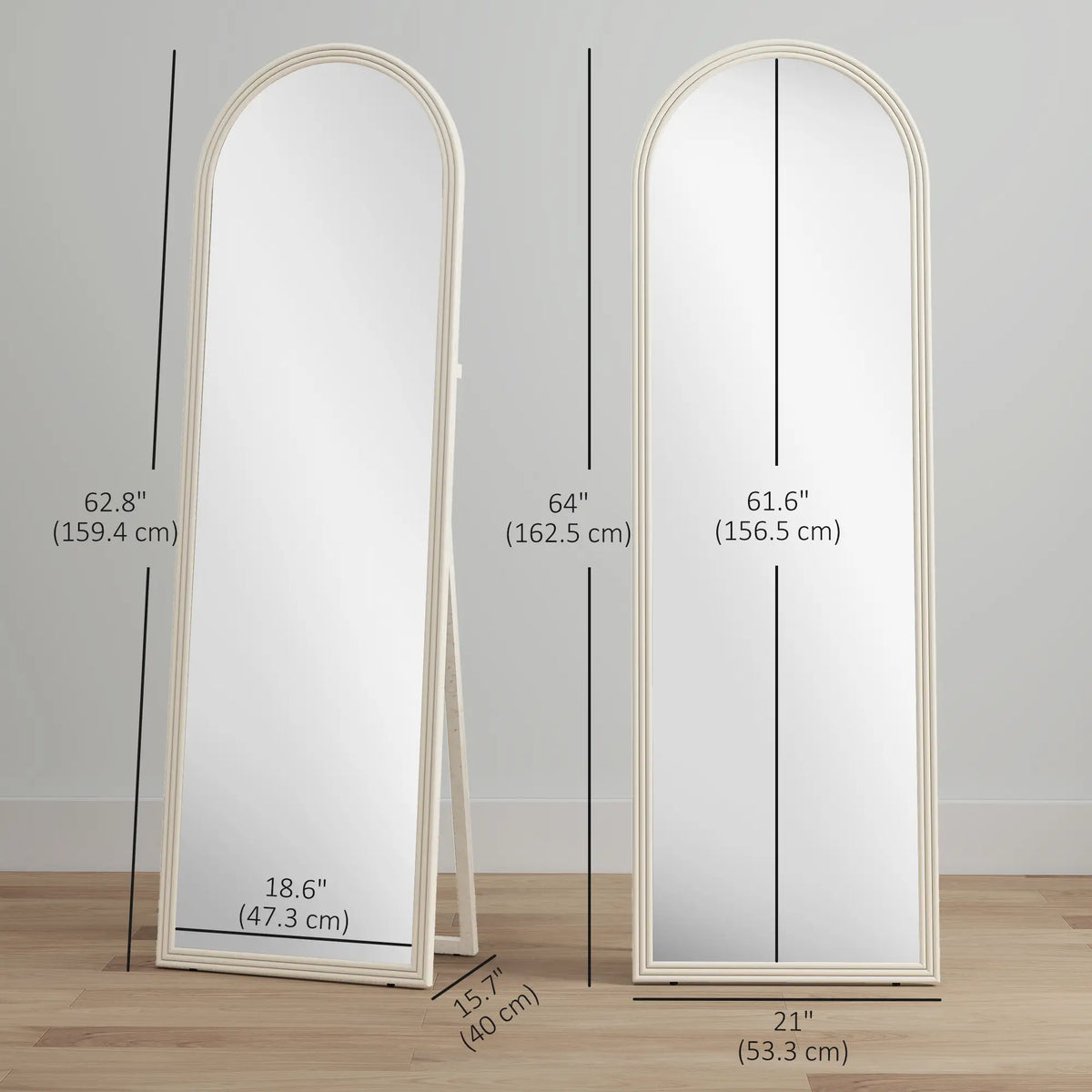 Miroir pleine longueur 64" x 21", autoportant, corps arqué, blanc