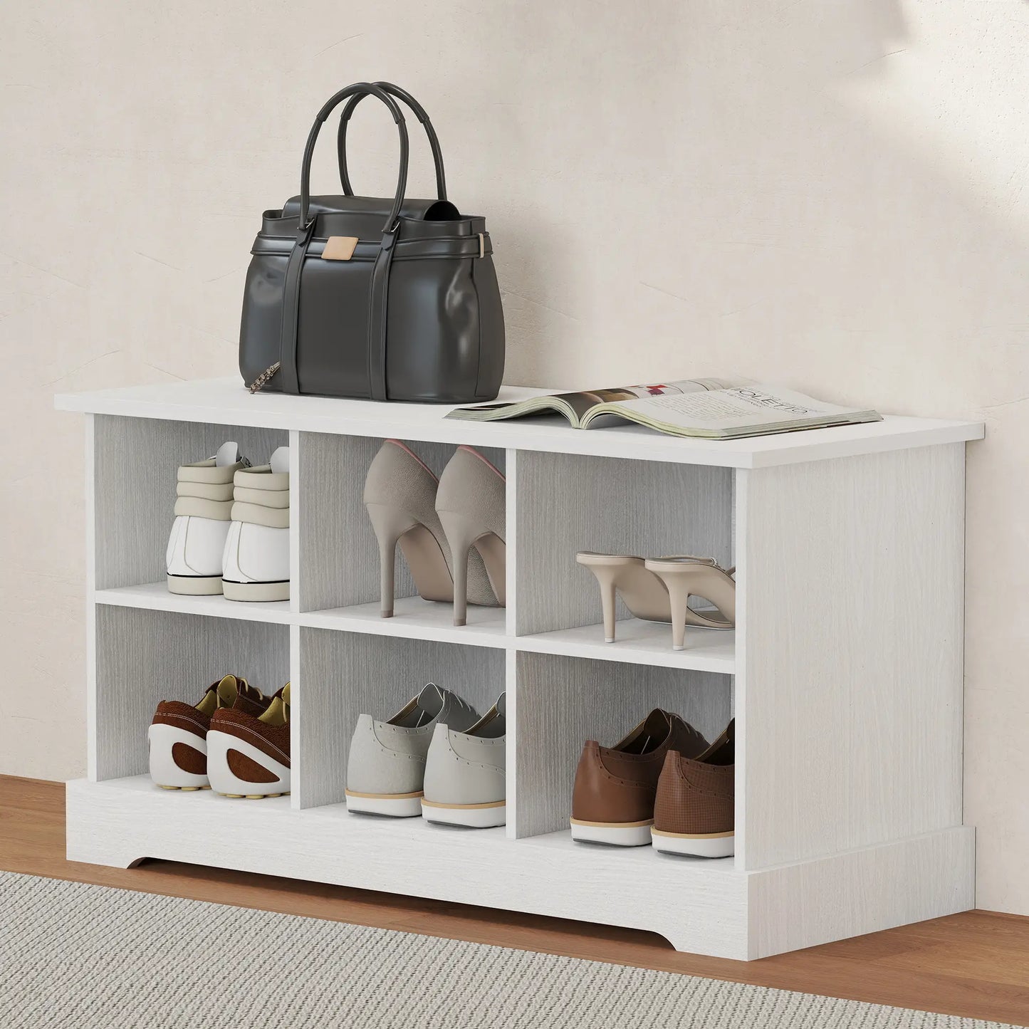 Coat Rack Shoe Bench Set, 8 Storage Cubbies, 4 Hooks, White