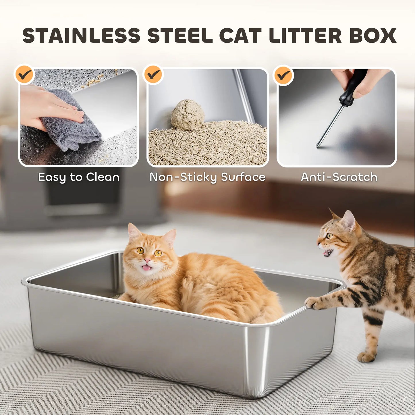 XL Stainless Litter Box With 100° Flip Top, Scoop, Dual Entry, Stainless