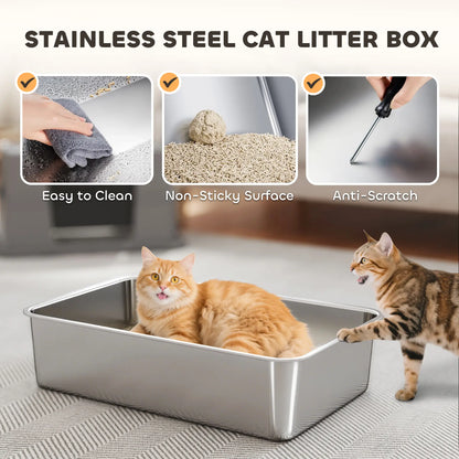 XL Stainless Litter Box With 100° Flip Top, Scoop, Dual Entry, Stainless