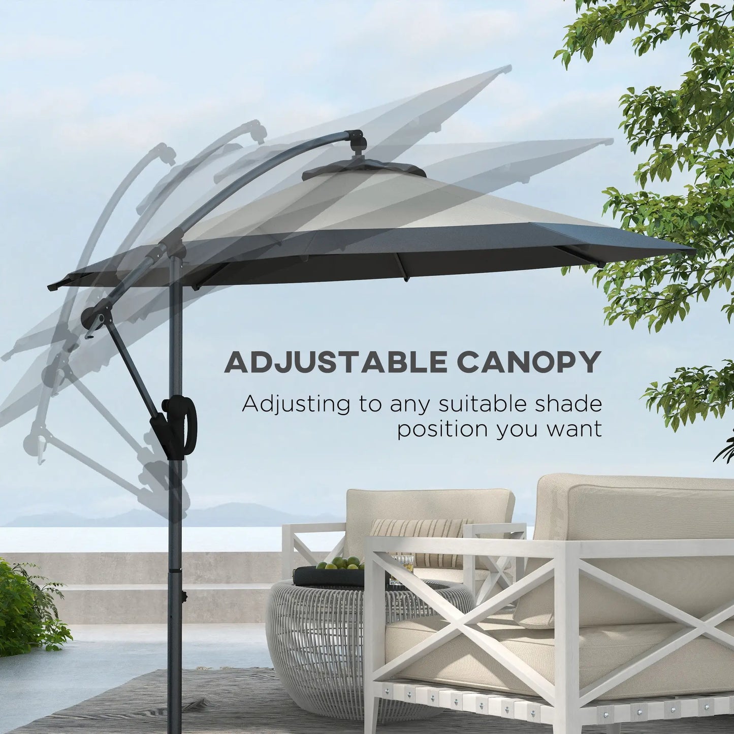 10 FT Cantilever Umbrella, Round Hanging Offset with Crank, Tilt, Grey Cantilever Umbrellas at Gallery Canada