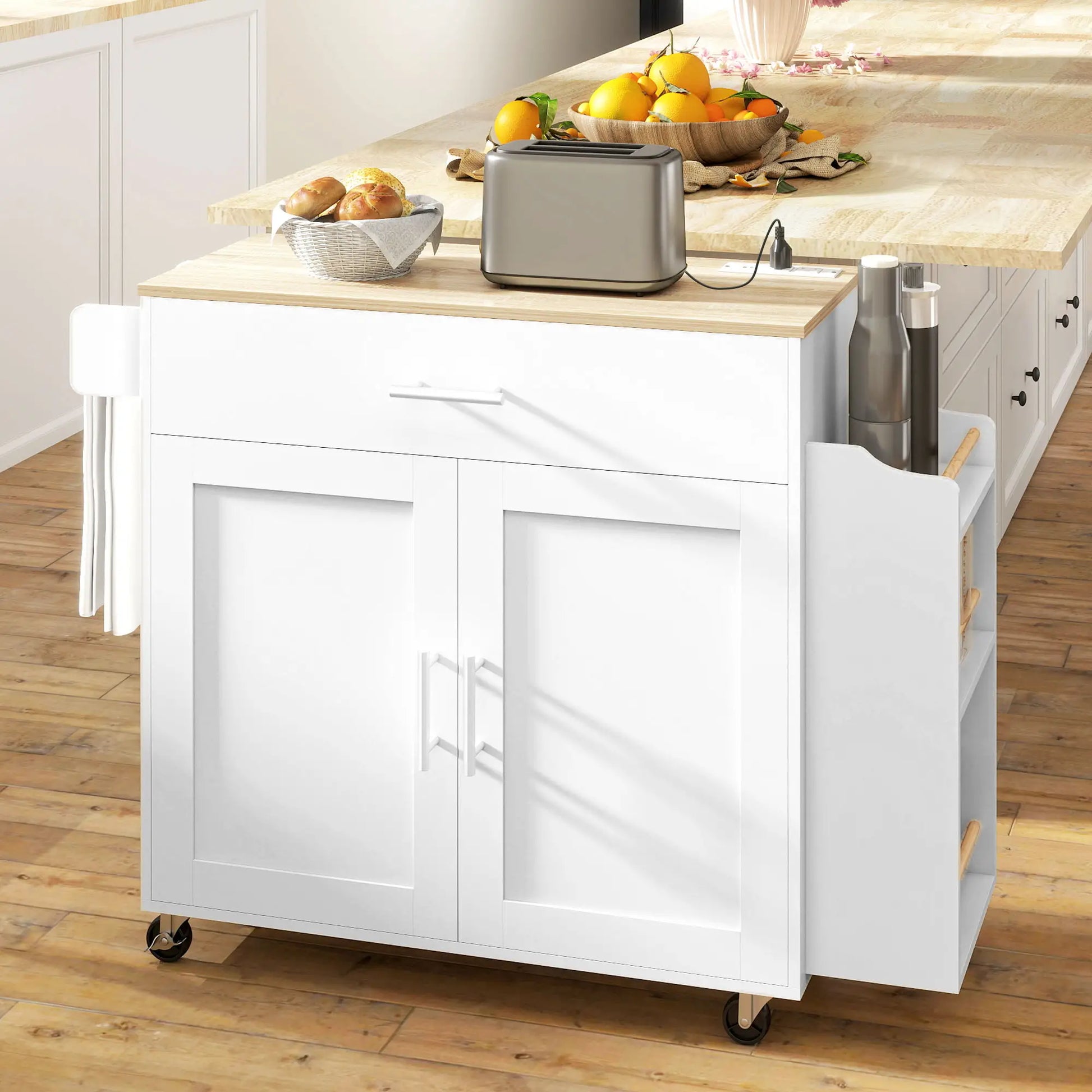 Kitchen Island with Storage, Rolling Cart, Foldable Drop Leaf, Power Outlet, USB Ports, White Kitchen Islands & Kitchen Carts at Gallery Canada