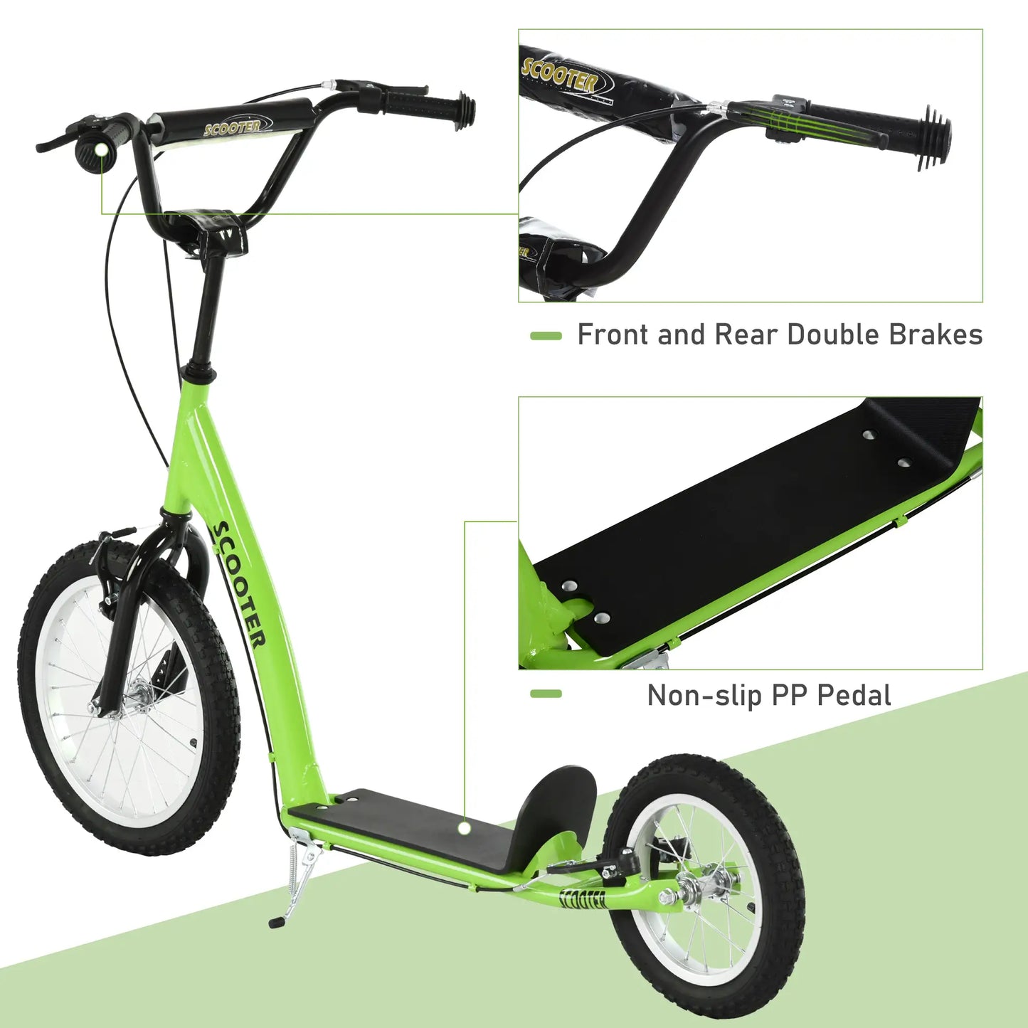 Kids Scooter, Adjustable Handlebar, Dual Brakes, Inflatable Wheels, Age 5+, Green Scooters at Gallery Canada