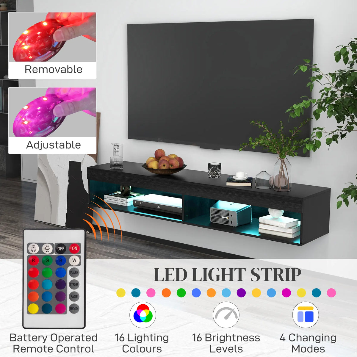 Wall Mounted TV Stand with Storage, LED Lights, 75", Black TV Stands at Gallery Canada