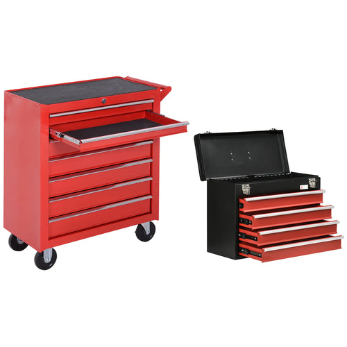 Lockable Tool Chest Set, 7 Drawer Cabinet with Wheels, 4 Drawer Portable, Red