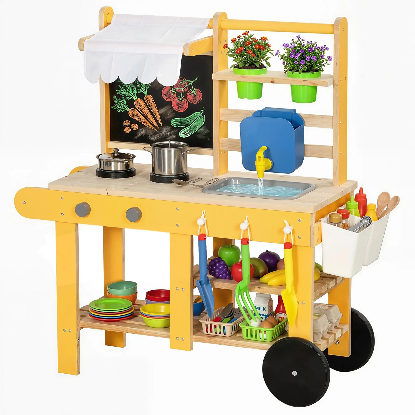 Kids Mud Kitchen With Wheels, Wooden Play Kitchen With Sink, Storage, Planting Pots, Blackboard, Yellow Play Kitchen at Gallery Canada