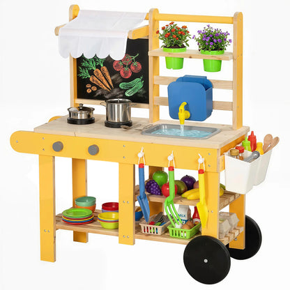 Kids Mud Kitchen With Wheels, Wooden Play Kitchen With Sink, Storage, Planting Pots, Blackboard, Yellow Play Kitchen at Gallery Canada