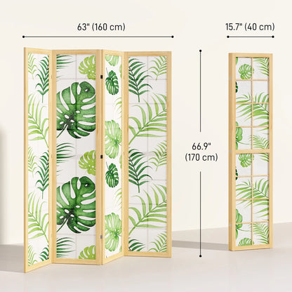 4 Panel Folding Privacy Screen, 67" Palm Leaf Design, Natural Green, Green