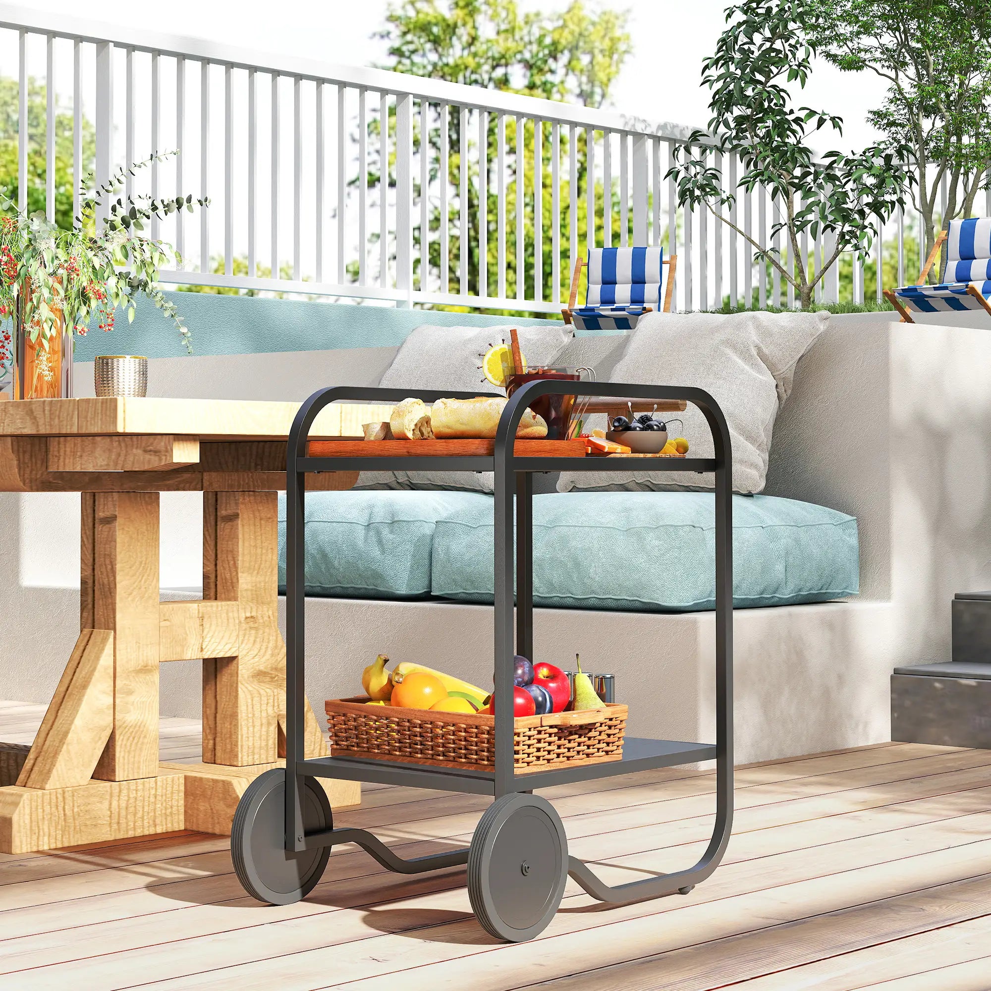 Outdoor Grill Cart With Storage, 2-Tier Bar Cart On Wheels, Steel Frame, Black Outdoor Grill Carts at Gallery Canada