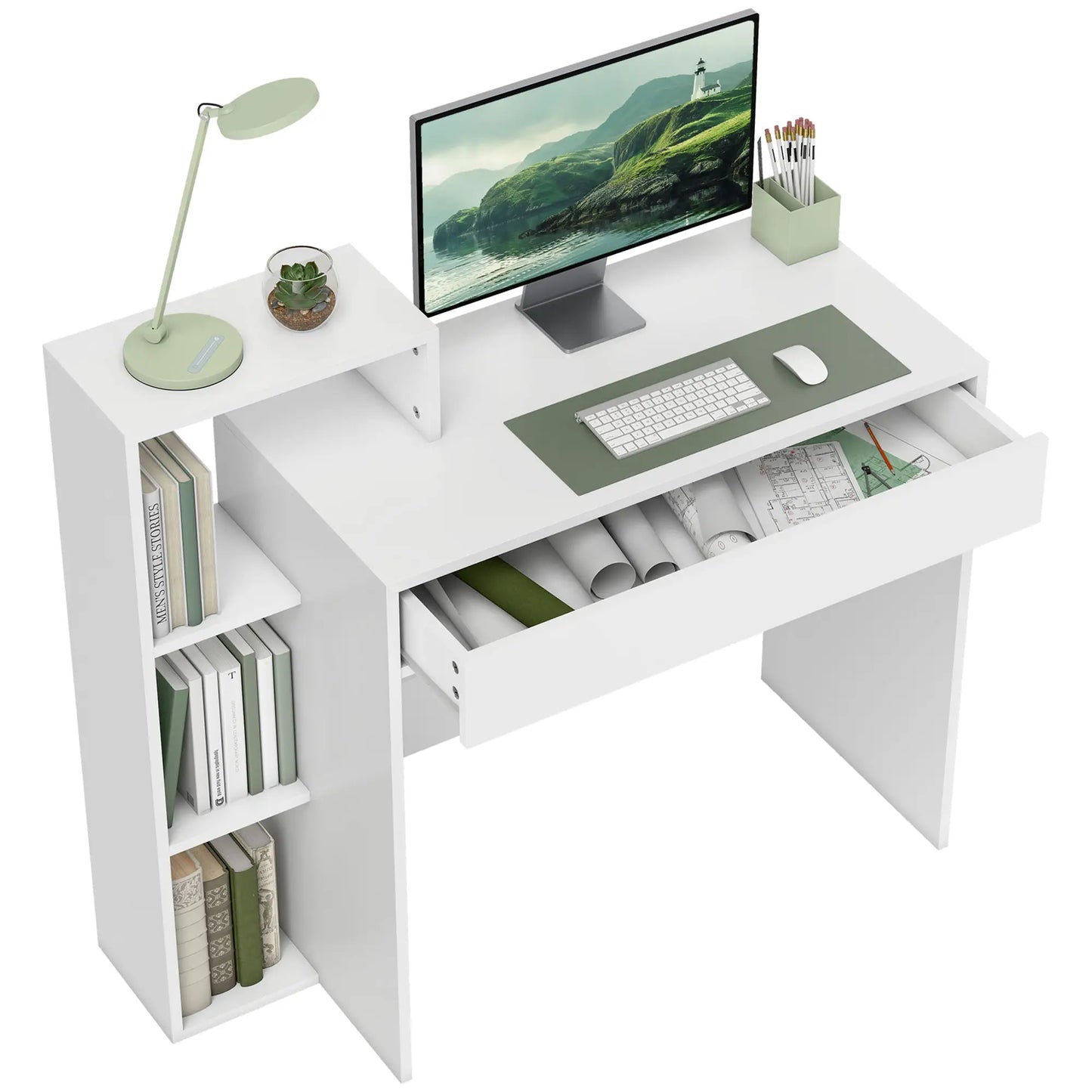 Computer Desk With Storage, 3 Open Shelves And Drawer, White Writing Desks at Gallery Canada