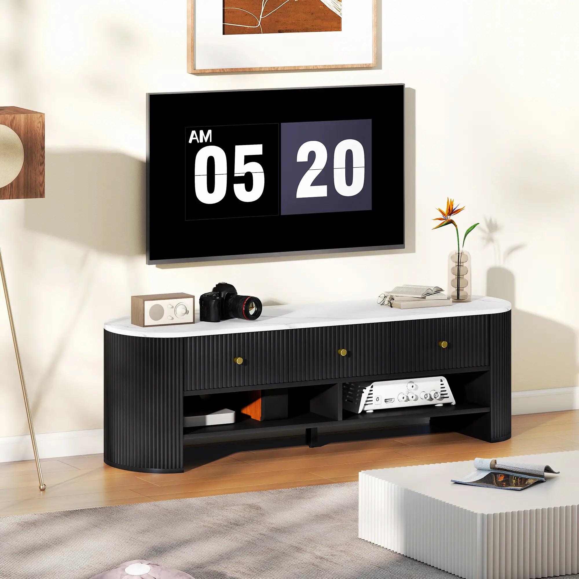 Modern TV Stand, Marble-Effect Top, 3 Drawers, 2 Shelves, 32-65 Inch, Black TV Stands at Gallery Canada