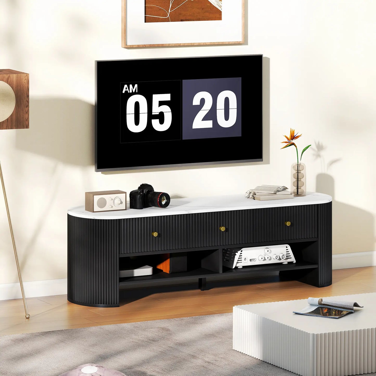 Modern TV Stand, Marble-Effect Top, 3 Drawers, 2 Shelves, 32-65 Inch, Black TV Stands at Gallery Canada