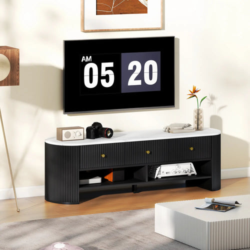 Modern TV Stand, Marble-Effect Top, 3 Drawers, 2 Shelves, 32-65 Inch, Black