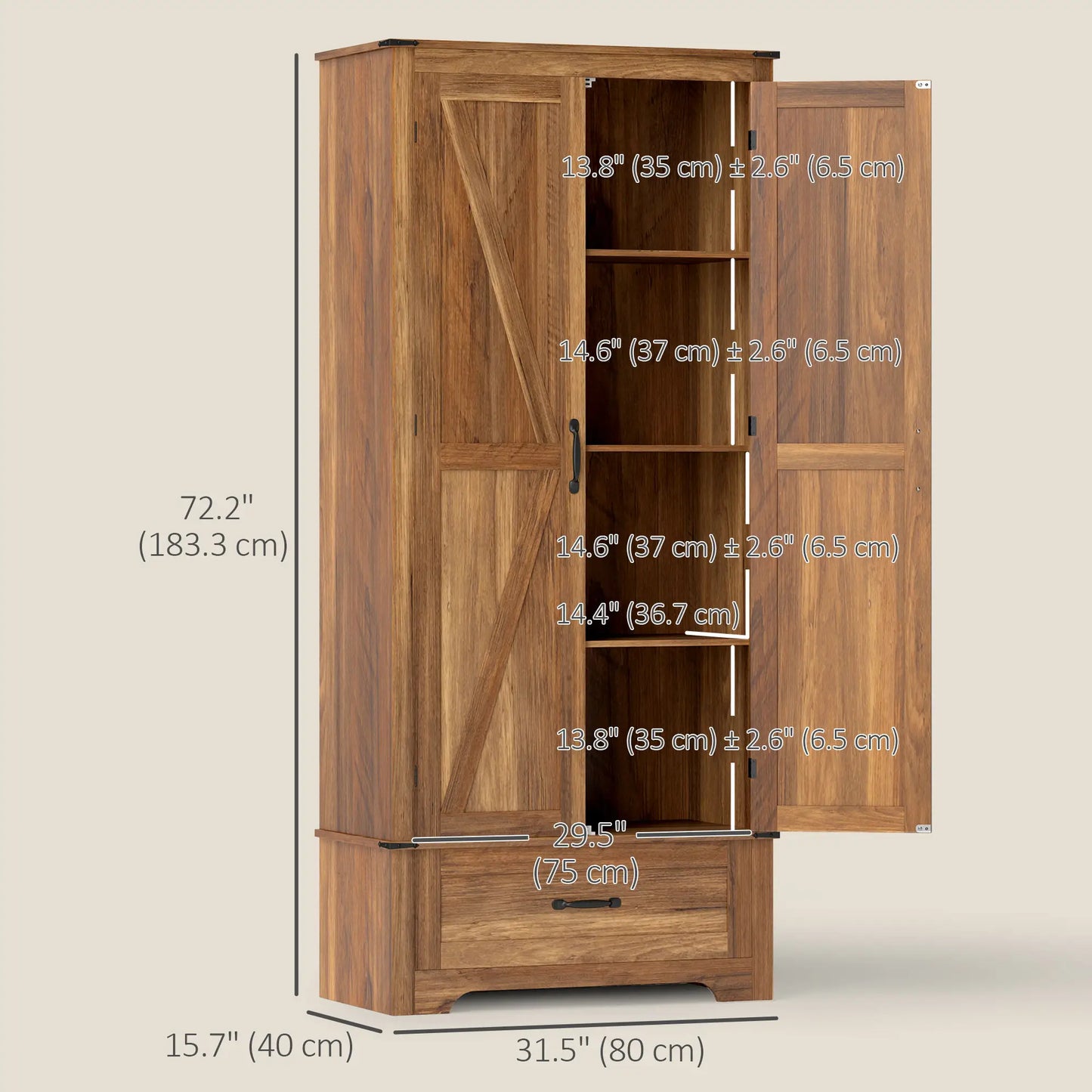 72" Farmhouse Pantry Cabinet, Adjustable Shelves, 2 Doors, Brown Kitchen Pantry Cabinets at Gallery Canada