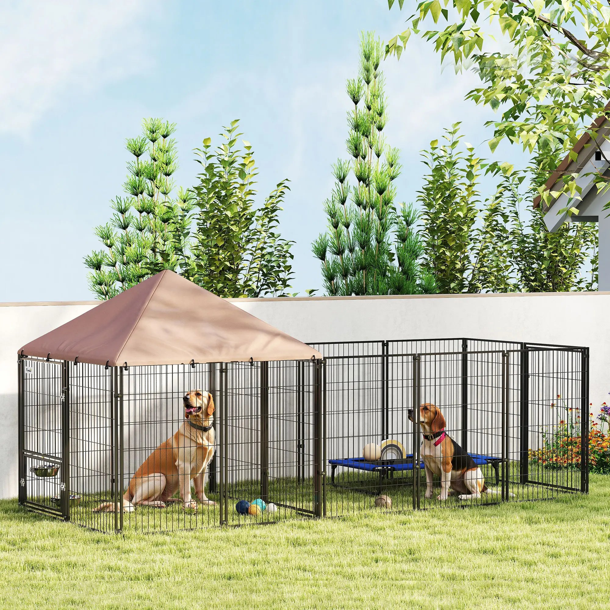Outdoor Dog Kennel, Rotating Adjustable Bowls, Waterproof UV Cover, 11.3' x 4.7' x 5.1' Houses, Kennels & Pens at Gallery Canada