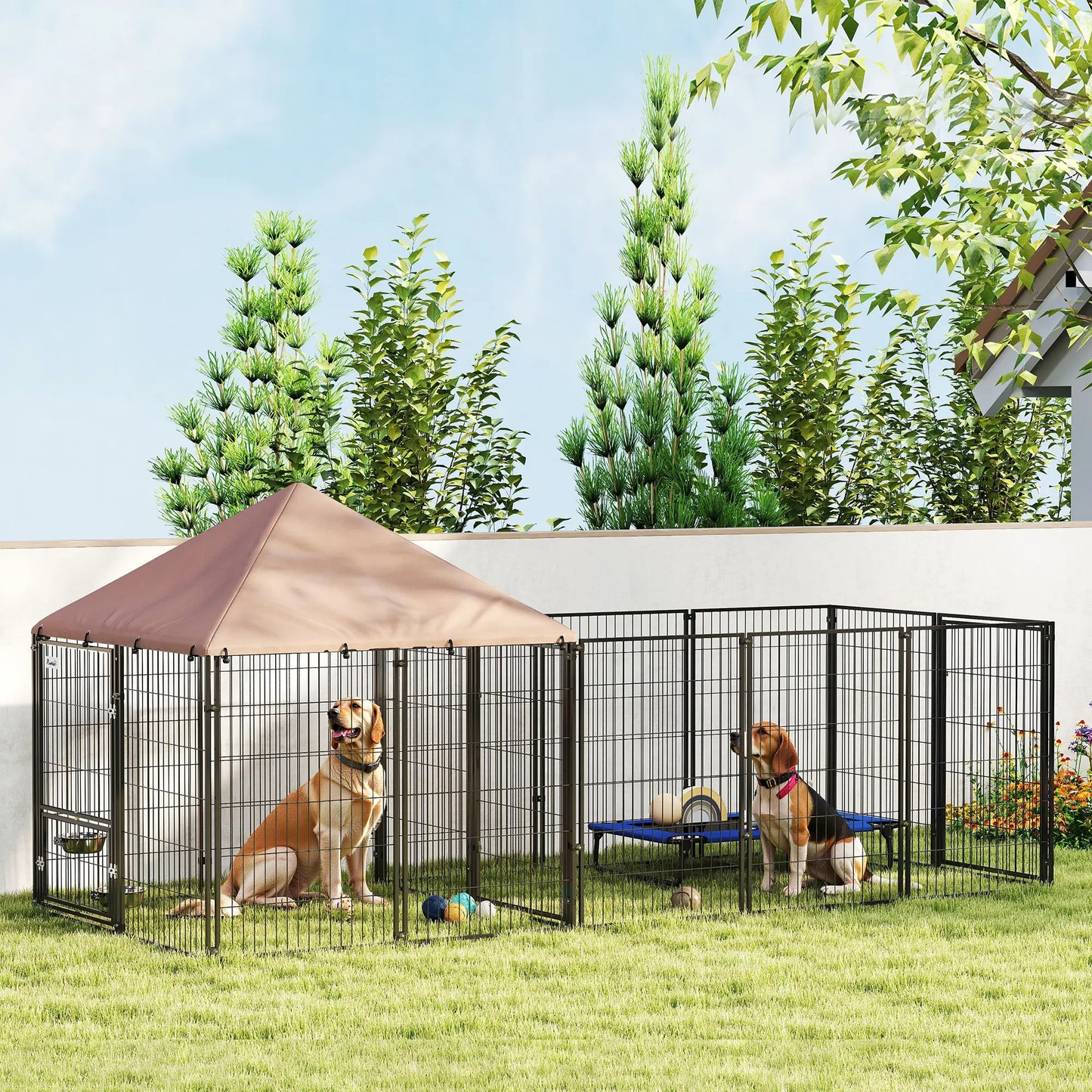 Outdoor Dog Kennel, Rotating Adjustable Bowls, Waterproof UV Cover, 11.3' x 4.7' x 5.1' Houses, Kennels & Pens at Gallery Canada