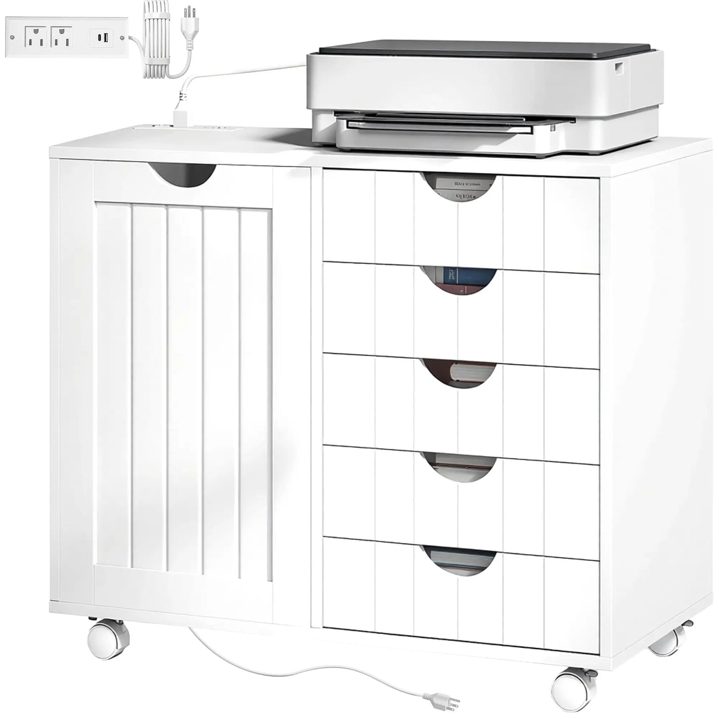 Mobile Lateral Filing Cabinet, 5 Drawers, Printer Stand, White Office Cabinets & Cupboards White at Gallery Canada