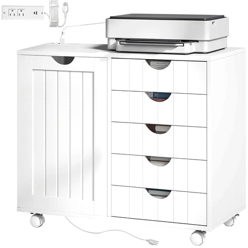 Mobile Lateral Filing Cabinet, 5 Drawers, Printer Stand, White