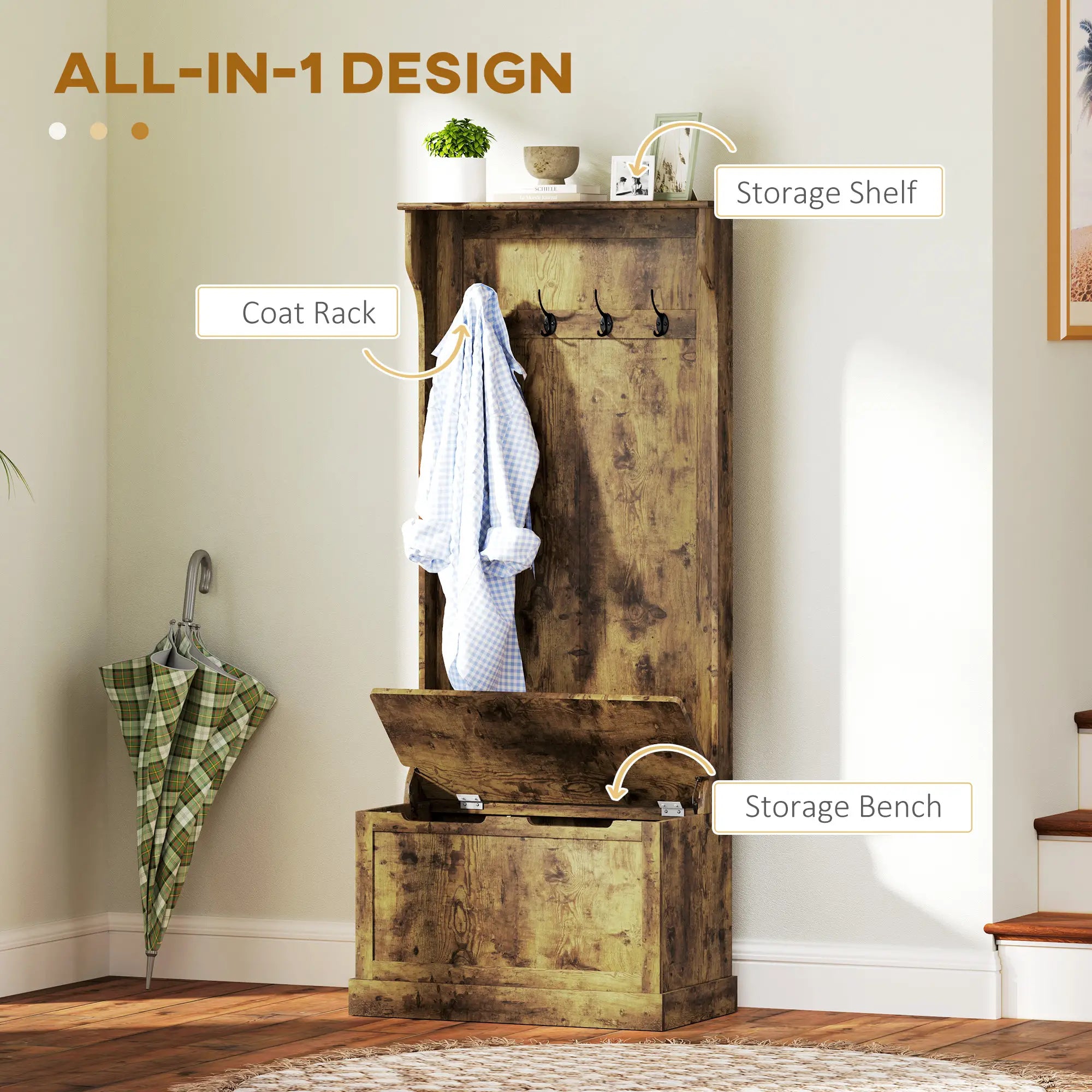 Hall Tree With Coat Rack, Shelf, Shoe Storage, Bench Seat, 4 Hooks, Rustic Brown Clothing Storage at Gallery Canada