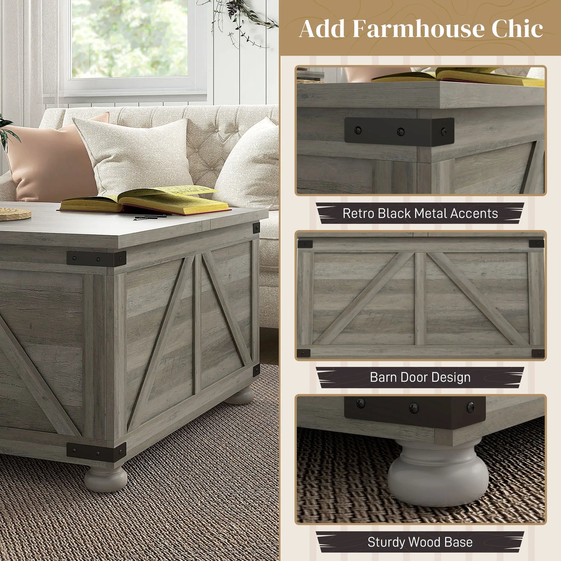 Farmhouse Coffee Table, Square Flip-Top Lid, Hidden Storage, Distressed, Grey Coffee Tables at Gallery Canada