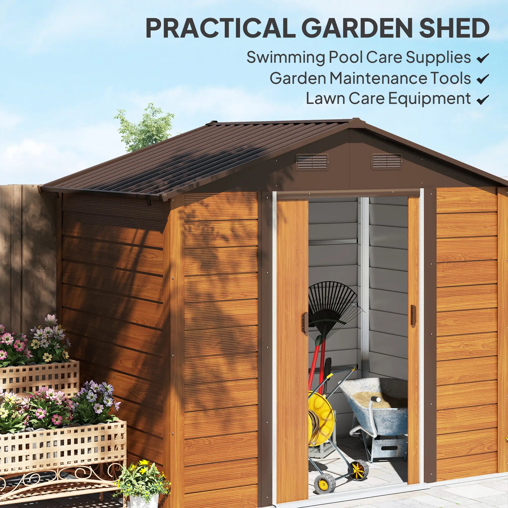 7.7' x 6.5' Metal Garden Shed, Ventilation, Dark Brown Wood Grain Sheds at Gallery Canada
