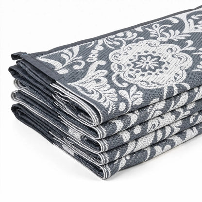 Tapis Extérieur Portable, 9' x 12', Imperméable, Fleur Blanche, Gris