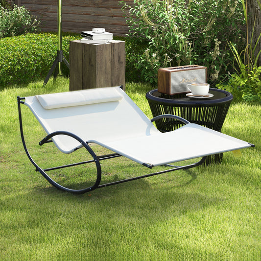 Double Chaise Lounger Garden Rocker Sun Bed Outdoor Hammock Chair Texteline with Pillow Cream White - Gallery Canada