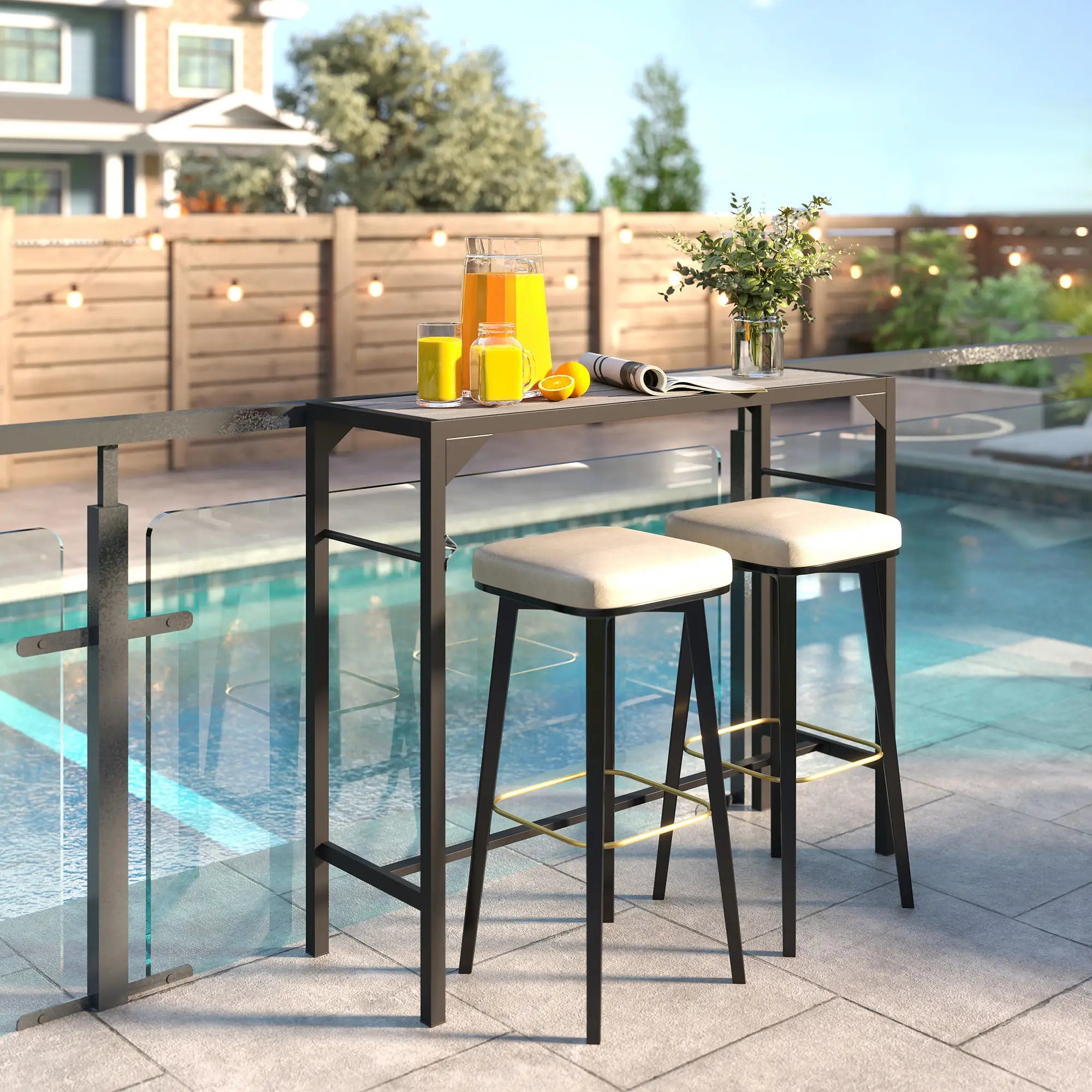 Outdoor Bar Table with Wood Grain Top, Built-In Bottle Opener, 47.2