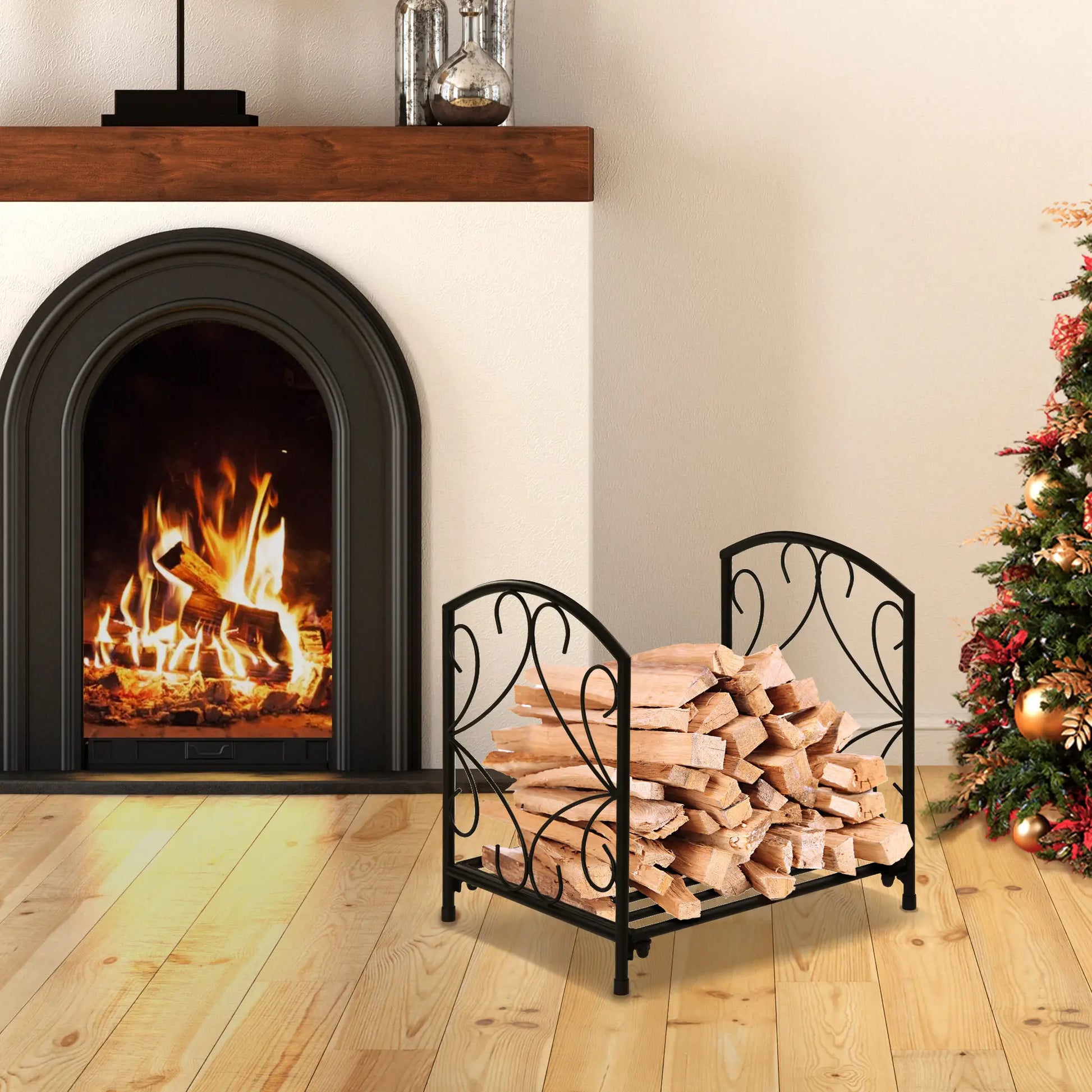 16" Heavy Duty Metal Fireplace Log Holder, Firewood Rack Outdoor, Black Firewood Racks at Gallery Canada