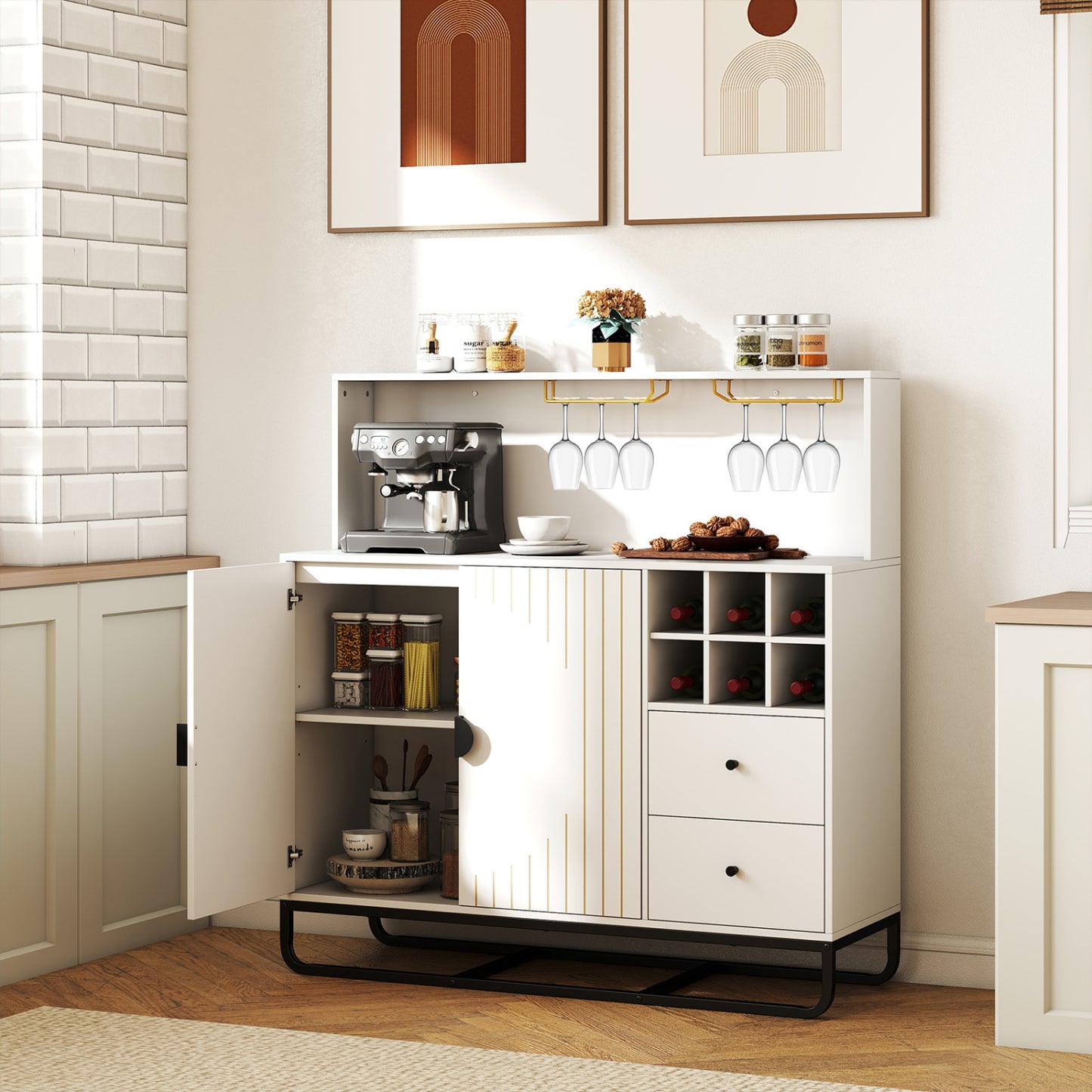 Bar Cabinet with Wine Rack & Glass Holder, White