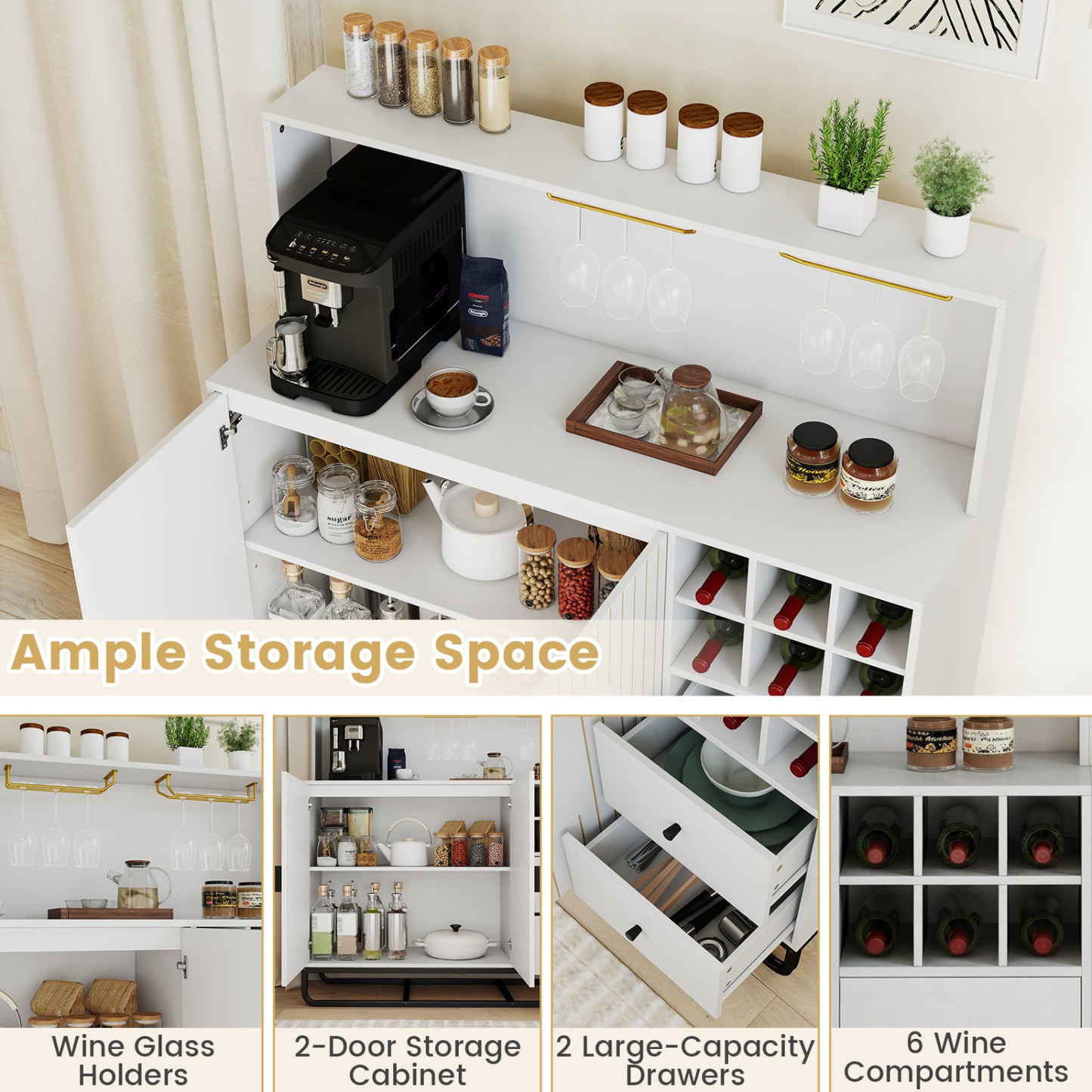 Bar Cabinet with Wine Rack & Glass Holder, White