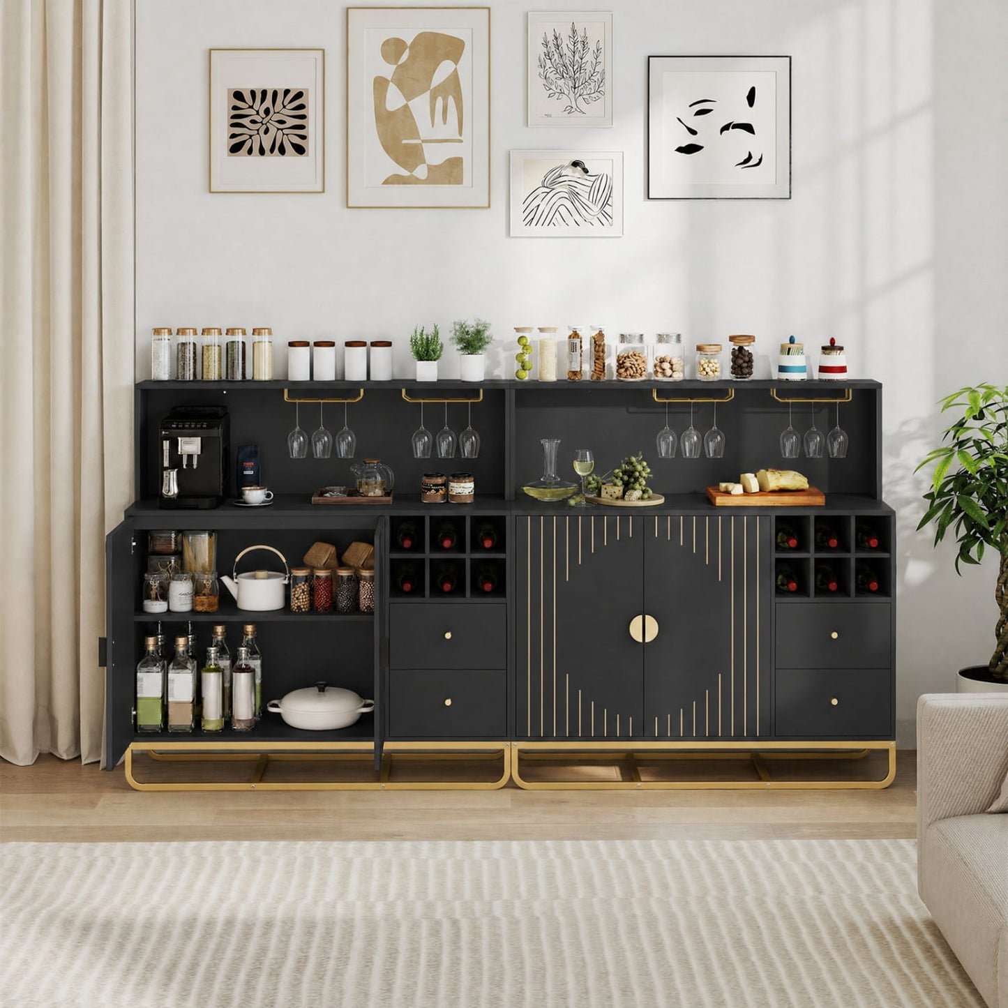 Armoire de bar à domicile avec porte-bouteilles de vin, porte-verres, noir