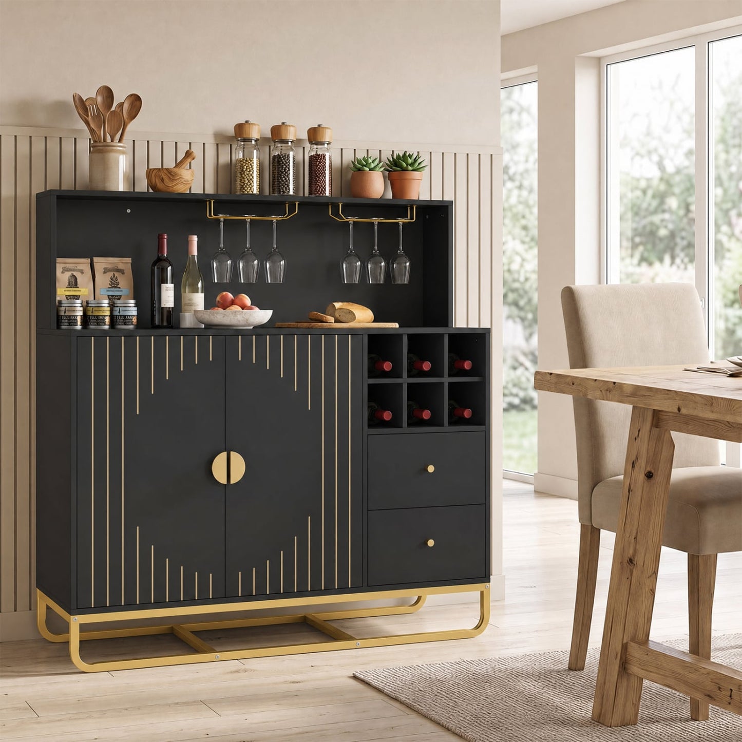 Armoire de bar à domicile avec porte-bouteilles de vin, porte-verres, noir